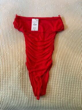 Zara Off the Shoulder Red Ruched Bodysuit - NWT